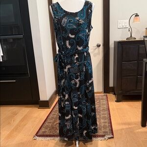 Nina Leonard Black Maxi Dress with Teal & White Paisley